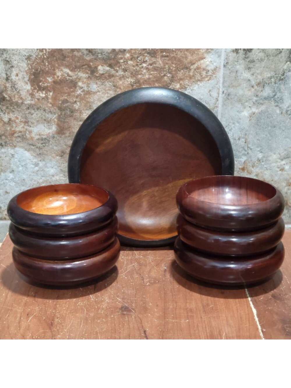 7 Piece Mahogany Wooden Salad Serving Bowl Set